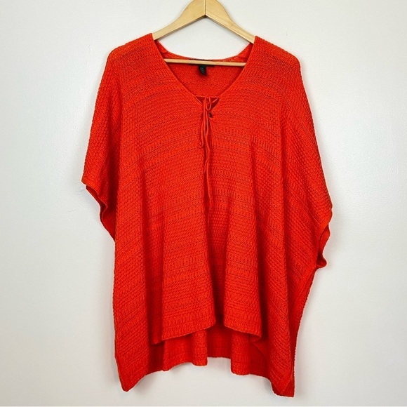 LAUREN RALPH LAUREN ORANGE LINEN BLEND CROCHET OVERSIZED PONCHO PETITE SMALL - Picture 3 of 7